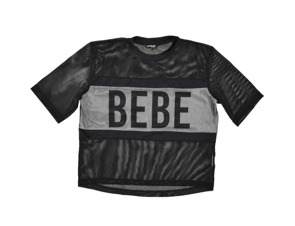 Bebe Sport Women's Medium Black Mesh Sheer Striped Logo Activewear Short Sleeve